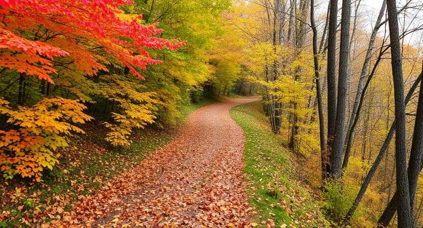 Trail covered in autumn leaves in New Hampshire.