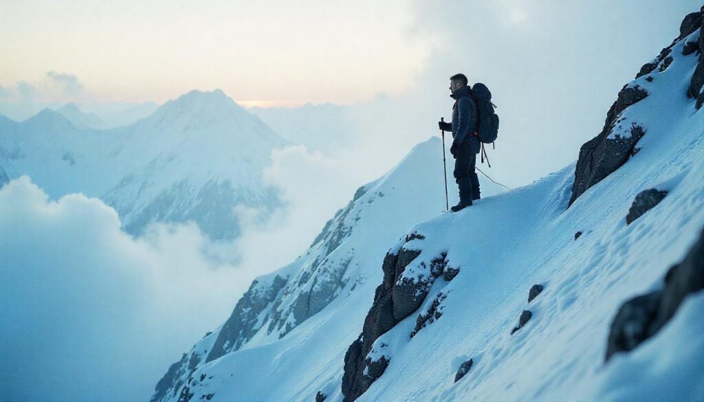 A hiker on a high-altitude trail in New Hampshire facing an approaching storm
