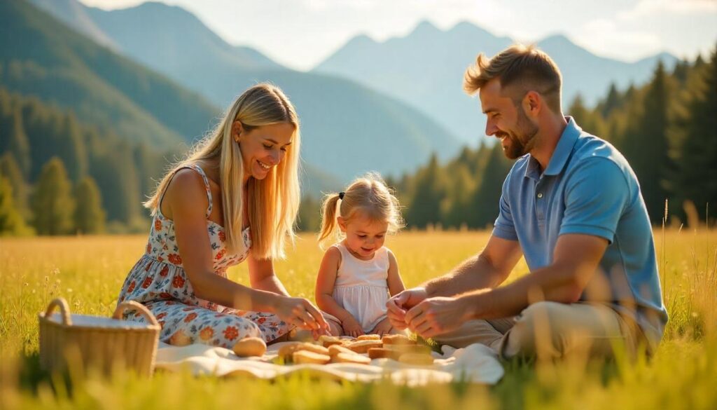 Family enjoying a picnic in nature with mountain views.