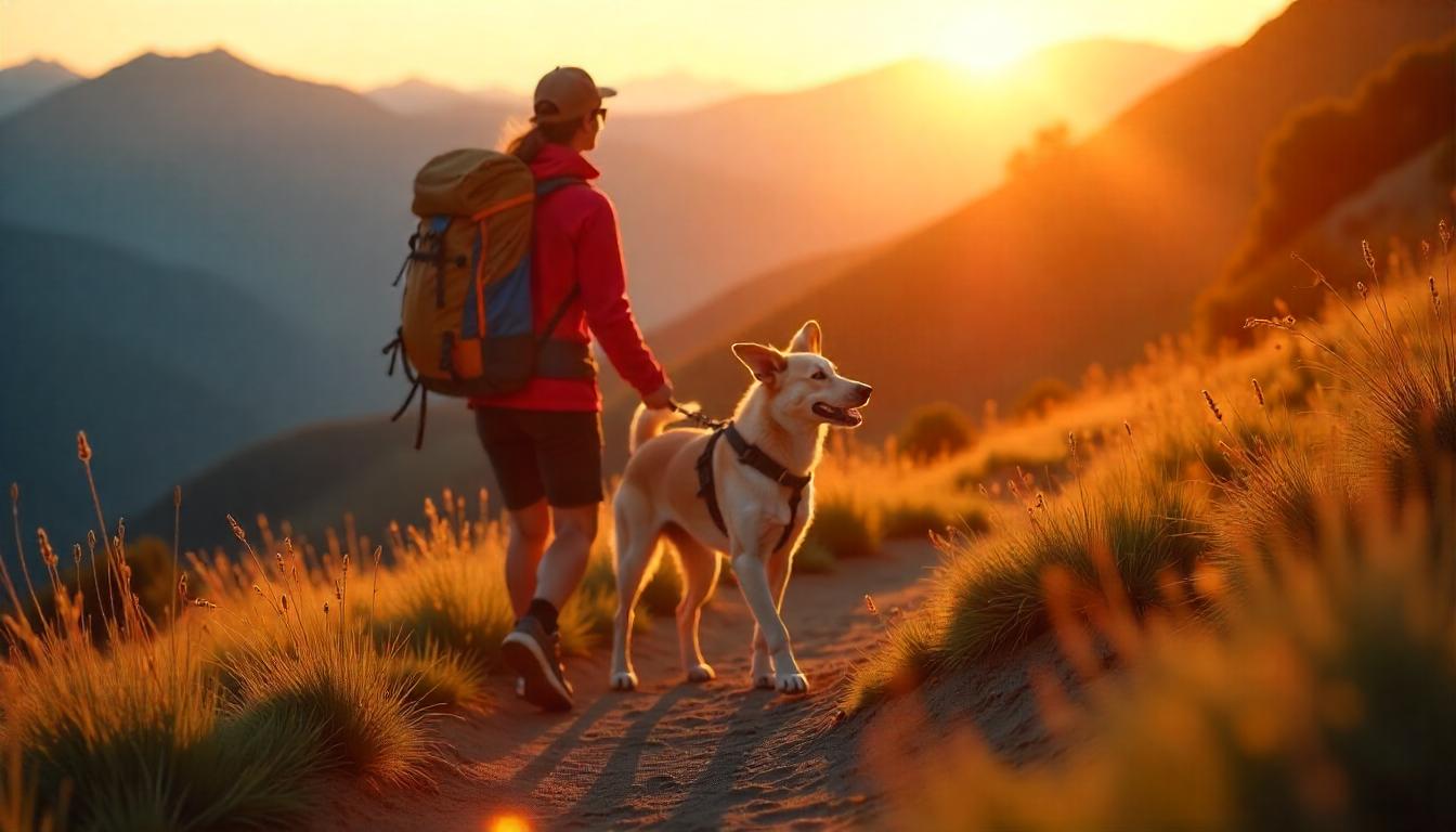 Happy hiker walking on a scenic forest trail with a leashed dog — capturing the joy and safety tips of hiking with dogs.