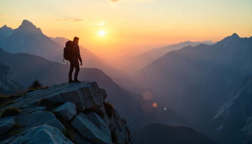 A hiker standing on a mountain peak at sunrise, enjoying the scenic view.