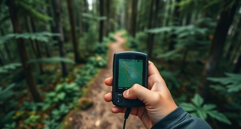 A hiker using a GPS device for navigation in the wilderness.