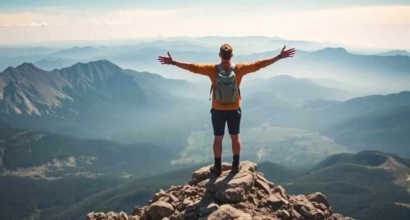 Hiker enjoying panoramic views at a mountain summit in New Hampshire.