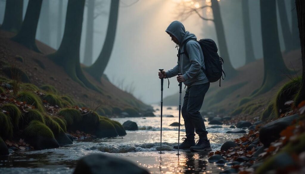 Hiker crossing a stream on a rocky trail in New Hampshire.