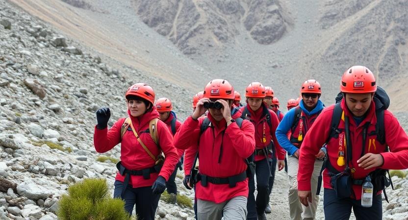 Search and rescue team searching for a missing hiker in the mountains.
