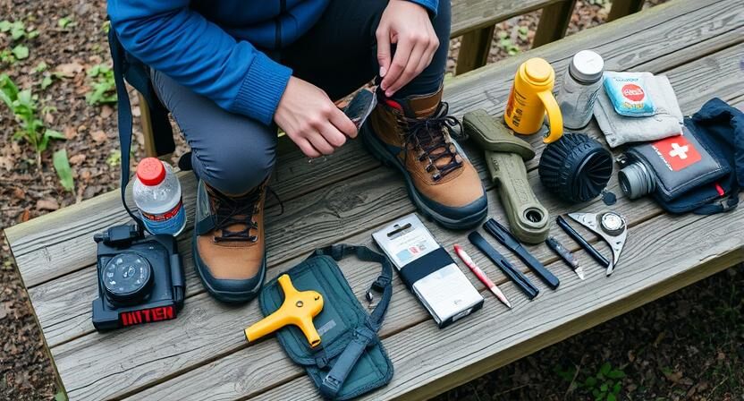 Hiker preparing gear for a hike in New Hampshire.