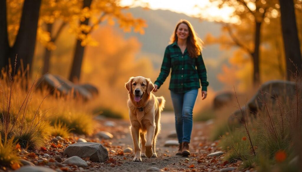 A joyful dog hiking beside its owner on a scenic mountain trail.