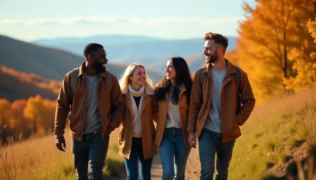 A group of friends hiking on a scenic trail, sharing smiles and laughter.