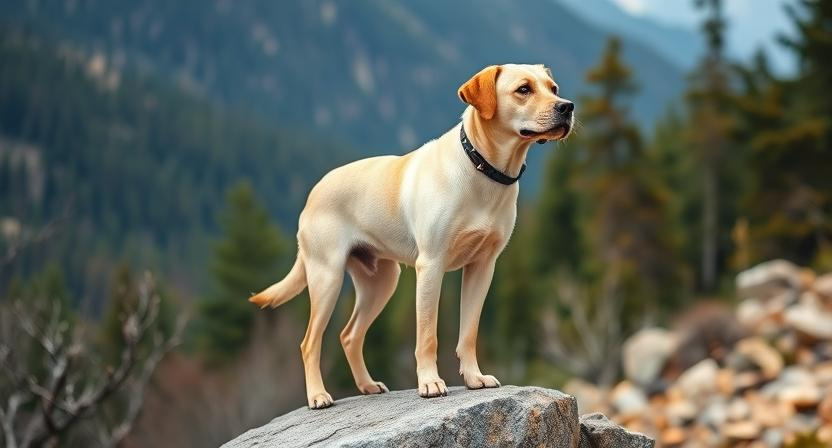 Mike Turner's dog Andy, waiting on a rocky ledge in the wilderness.