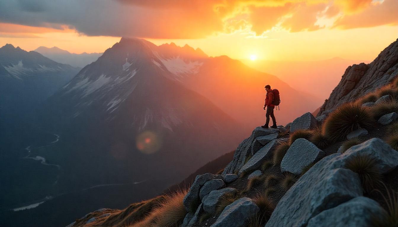 Mike Turner Hiker standing on a mountain ridge at dusk, gazing into the vast wilderness.