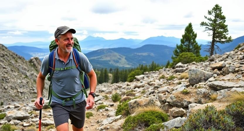 Mike Turner hiking through the Fitzpatrick Wilderness, surrounded by rugged terrain.