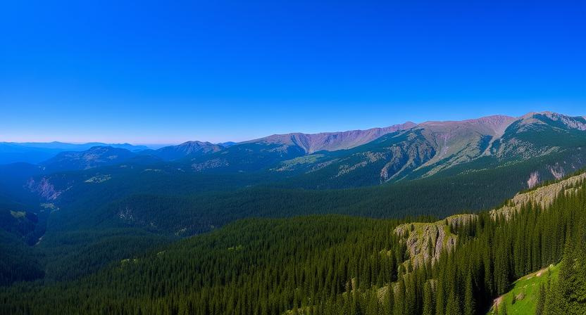 A stunning view of mountains and a lush green forest below.