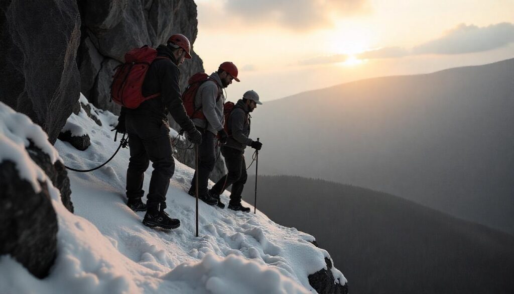 Search and rescue team assisting a stranded hiker in harsh winter conditions