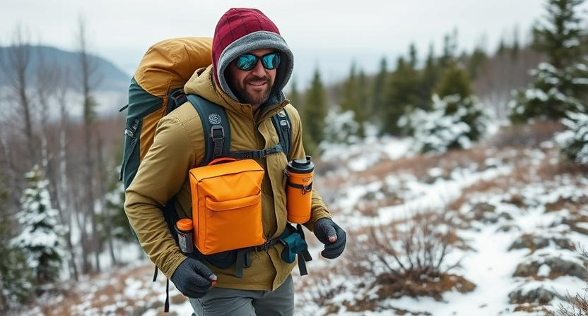 A well-prepared hiker carrying essential winter hiking gear on a New Hampshire trail.