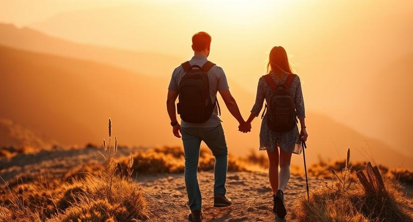 Romantic couple hiking together.