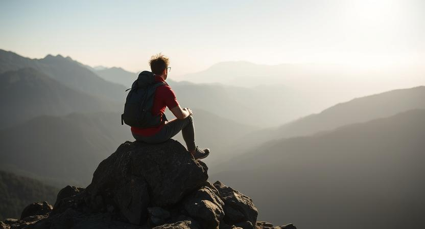 A solo hiker sitting on a rock, reflecting on the vast landscape ahead.