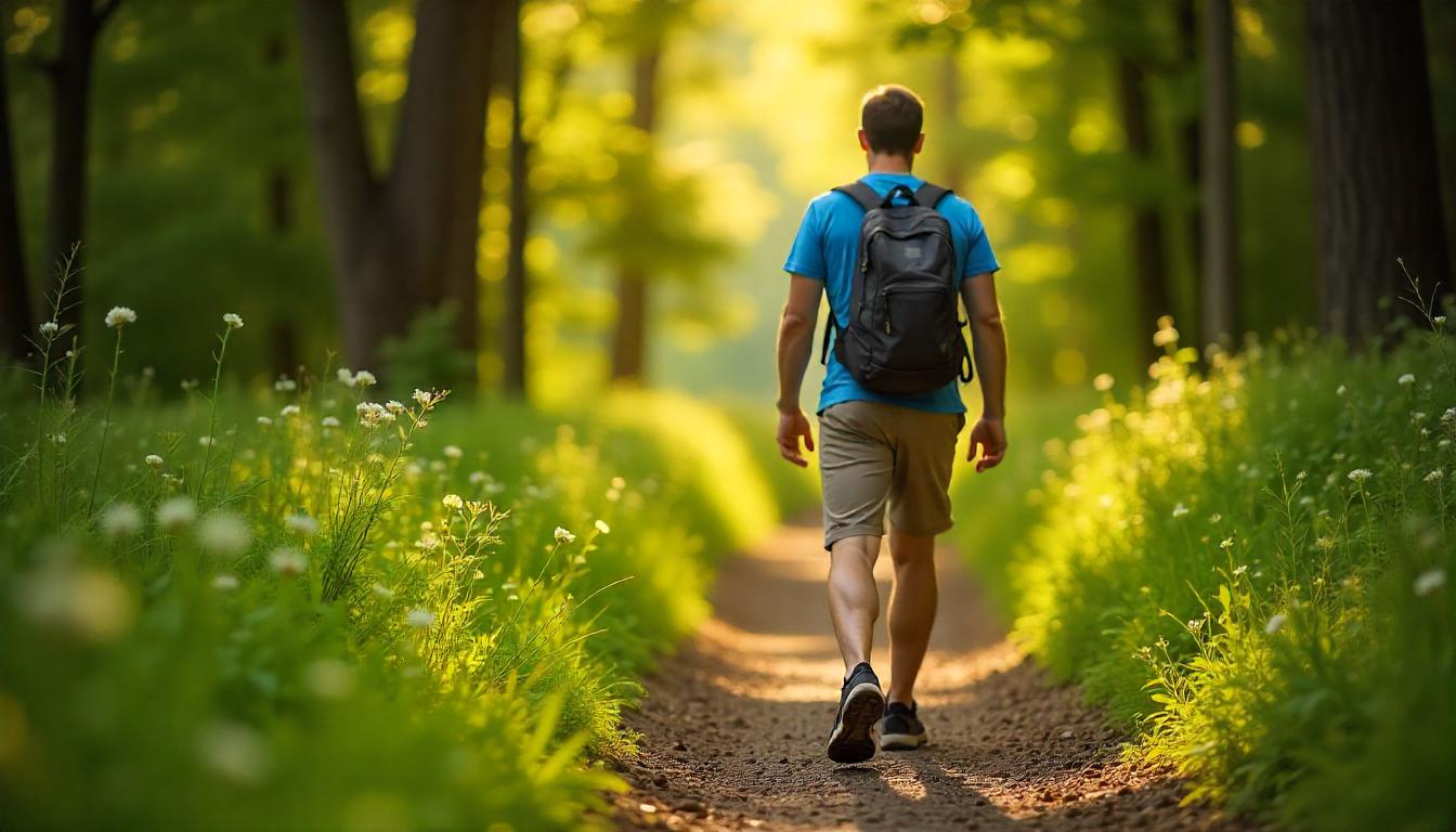 A beautiful summer walking trail surrounded by trees and sunlight.
