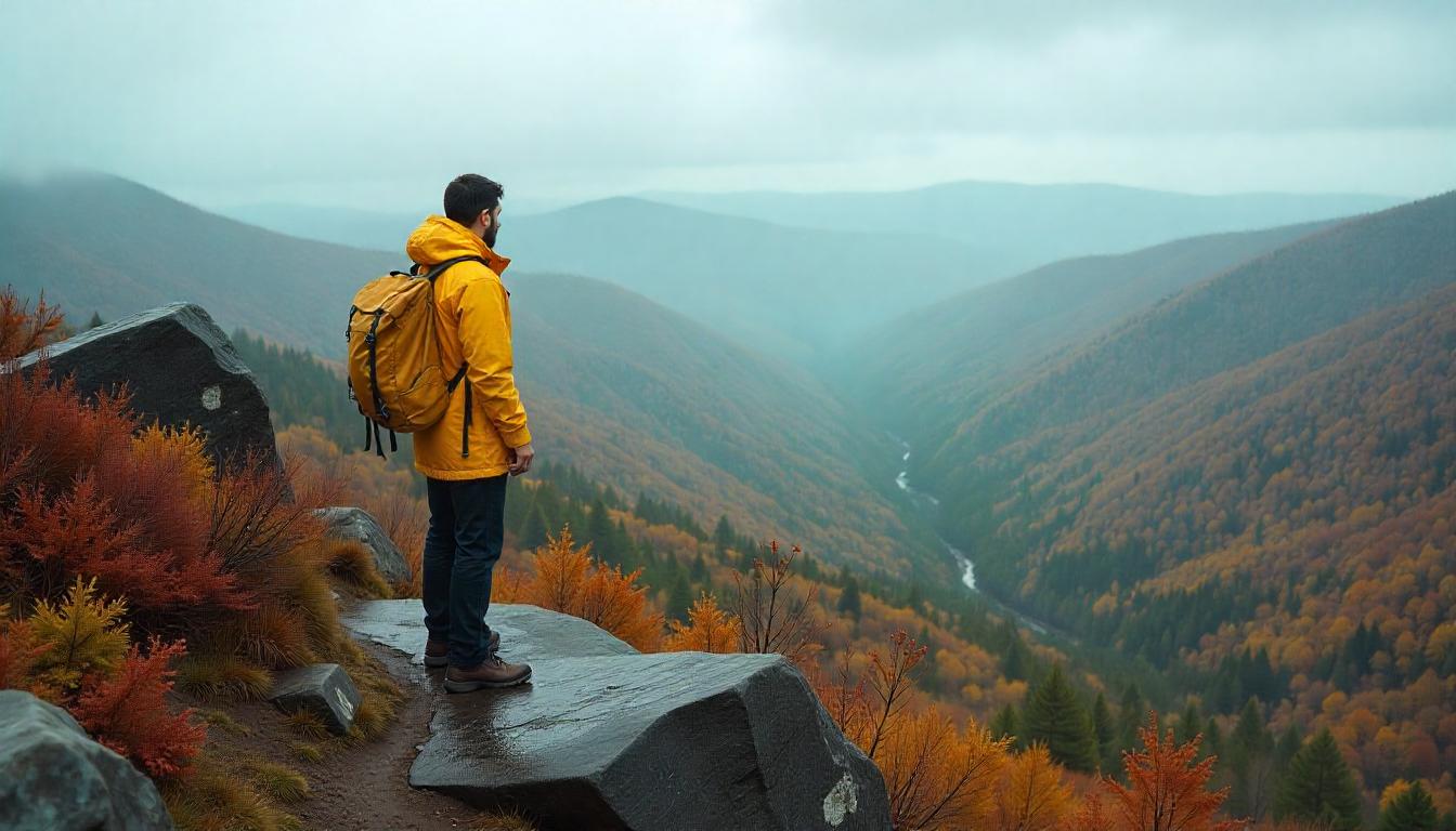 Scenic mountain trail in New Hampshire during fall, with hikers walking through vibrant foliage — representing the best hikes in New Hampshire.