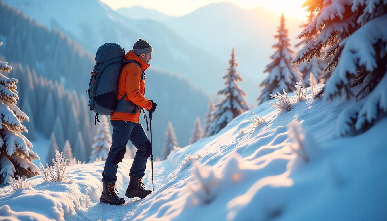 Cold-Weather Hiking; hiker wearing insulated winter hiking gear in a snowy mountain landscape.