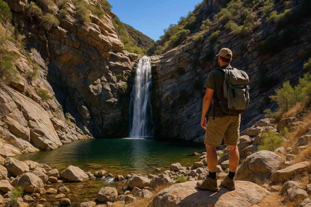 Lush canyon gorge at Cedar Creek Falls: 80-foot waterfall plunging into a clear emerald pool, dappled sunlight filtering through sycamore and willow leaves, mist rising above the water’s edge, moss-covered rocks, a hiker dipping toes in the pool.