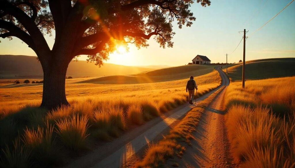 Peaceful rolling hills of Daley Ranch at sunrise, oak trees casting long shadows over dusty ranch roads, wild grass waving in a soft breeze, historic ranch barn in the distance, lone hiker with backpack walking toward the horizon.