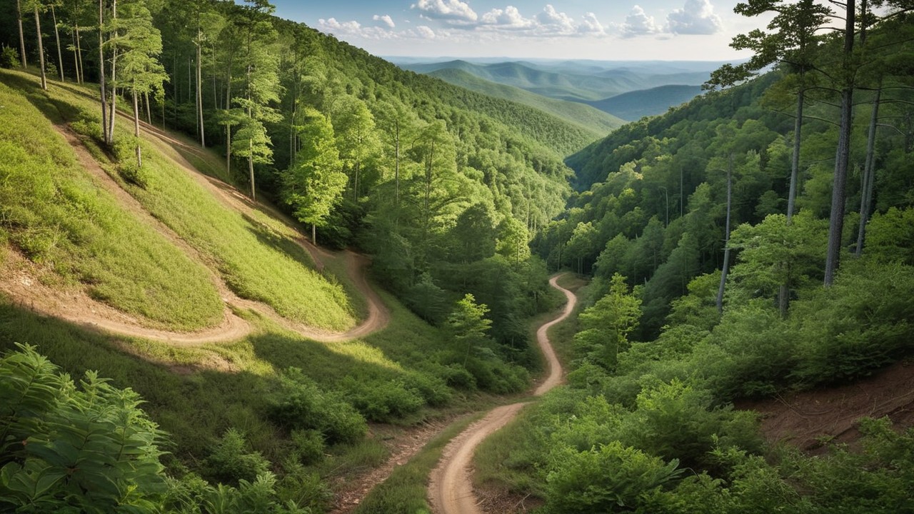 Hiking in Georgia with a winding forest trail, rolling Appalachian hills, and a hint of Atlanta's skyline at golden hour