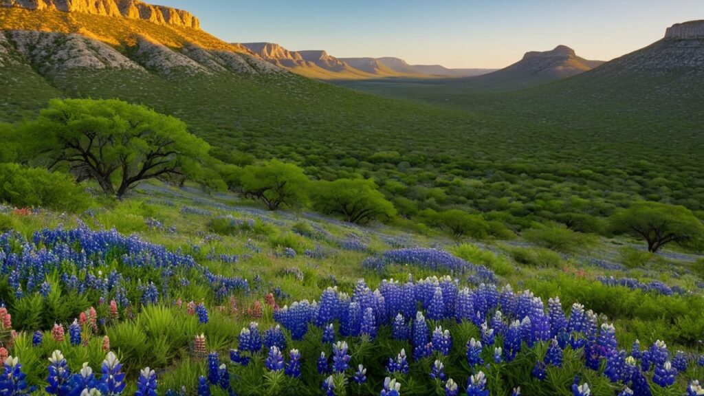 Scenic panorama of diverse Hiking in Texas landscapes featuring mountains, forests, wildflowers, and hikers on the trail.
