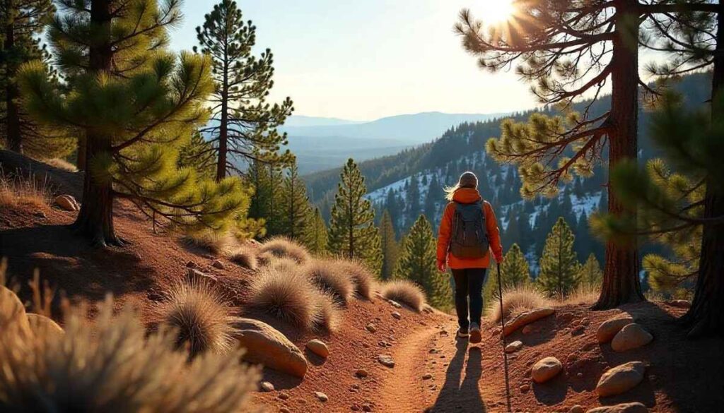 Hiking in Northern Arizona on a pine‑lined plateau trail with distant canyon vistas and a single hiker