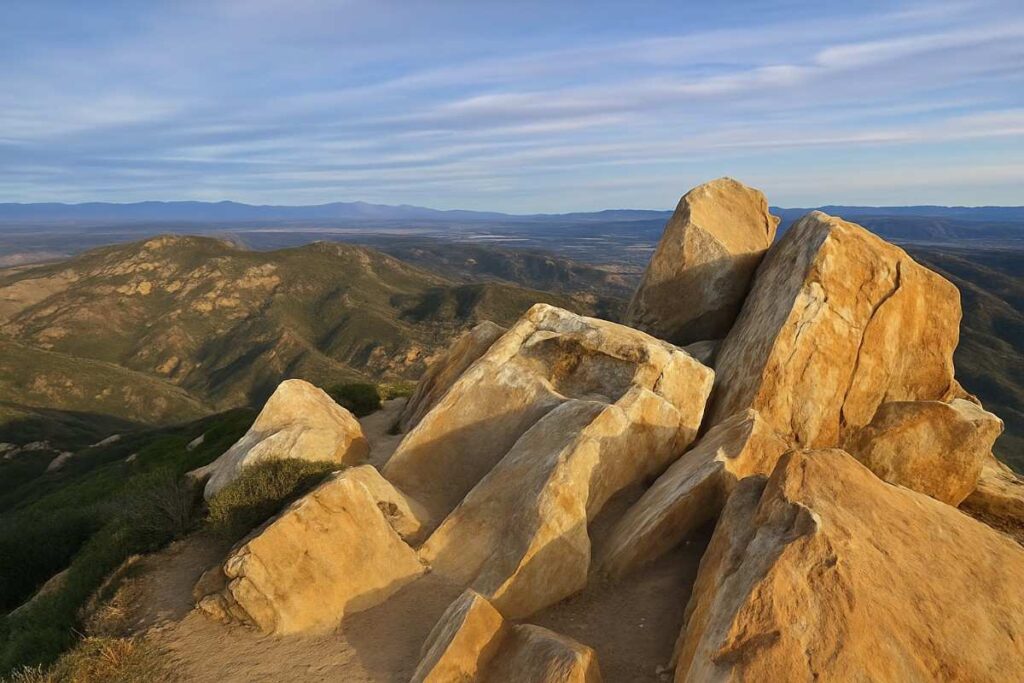 Photographer at Topanga Lookout via Muffins Loop trail with chaparral and canyon views.