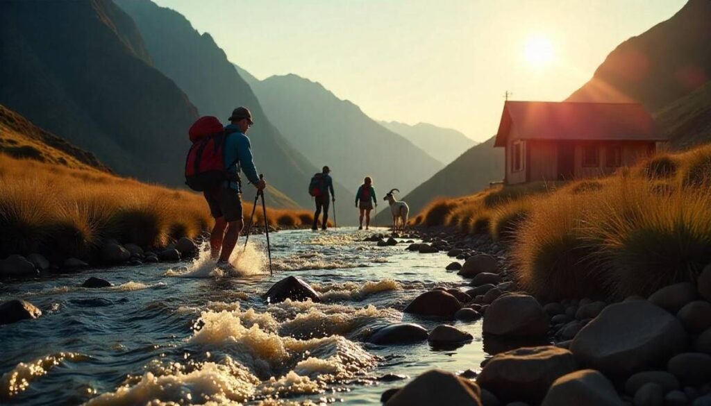 Backpacker crossing stream, goat‑leading hiker, family with dog, and backcountry hut trekker in Maine