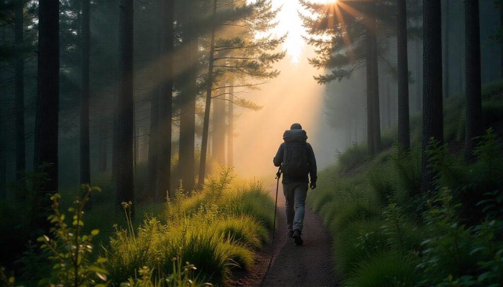 Backpacker on the misty Appalachian Trail ridge between Rangeley and Stratton, Maine