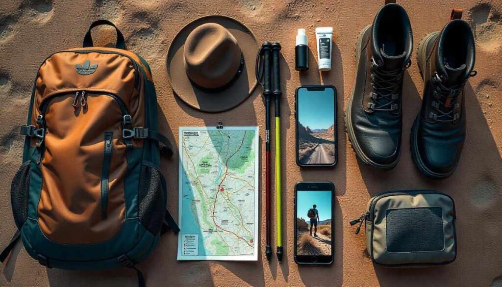 Arizona hiking safety essentials flat lay with hydration pack, sun hat, boots, trekking poles, map, and first aid kit