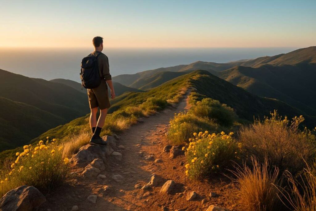 Hiker on Backbone Trail Malibu segment with chaparral hills and Pacific Ocean view at sunset.
