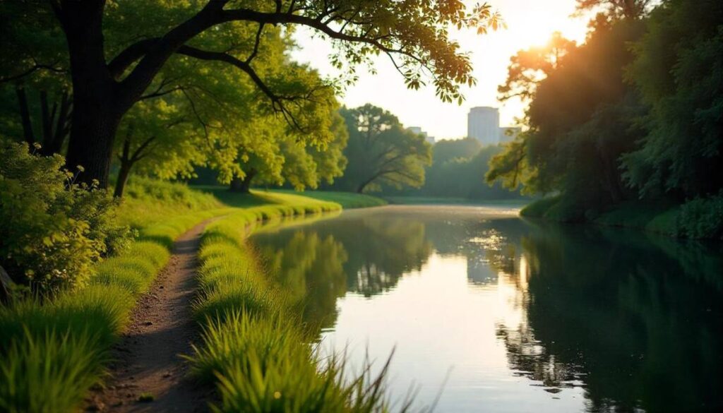 Barton Creek Greenbelt, Austin – scenic creekside trail with lush vegetation and urban skyline in morning light