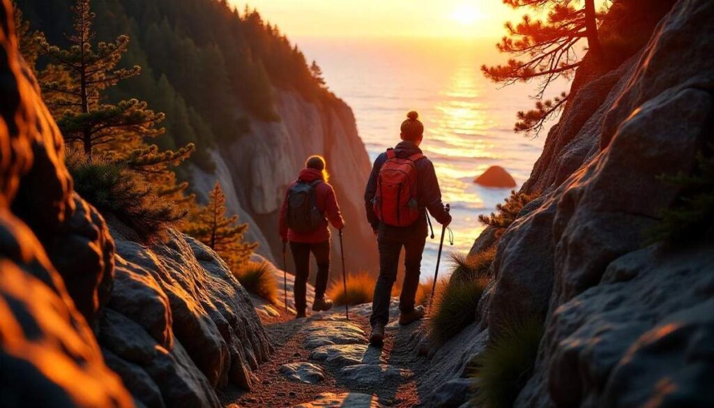 Hikers ascending the Beehive Trail’s iron ladders on a granite cliff in Acadia National Park at sunrise