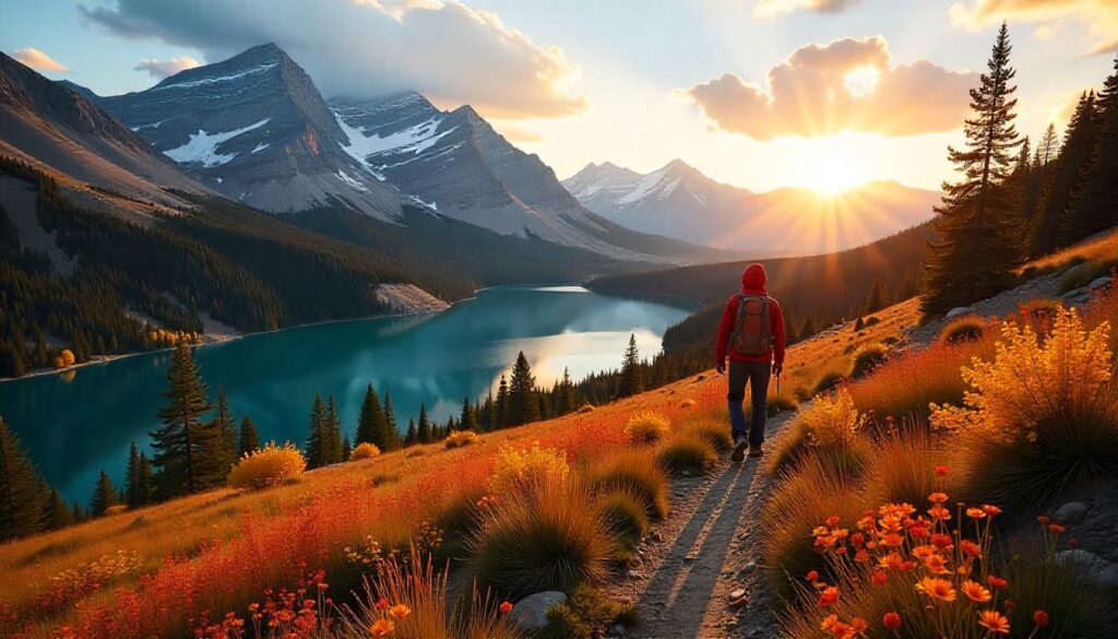 Best hikes in Colorado with fall colors, alpine lake, mountains, and hiker during golden hour