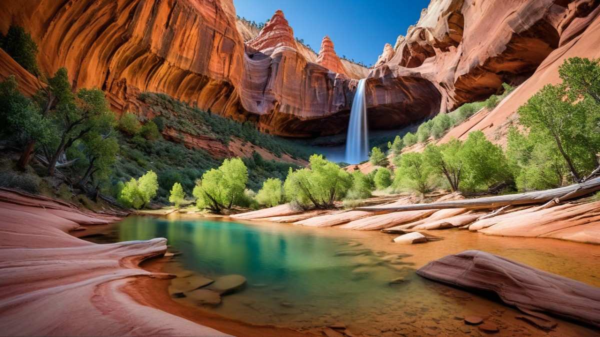 Cinematic panoramic view of best hiking trails in Utah with red rock canyons, alpine lakes, waterfalls, and hikers enjoying scenic golden-hour adventure.