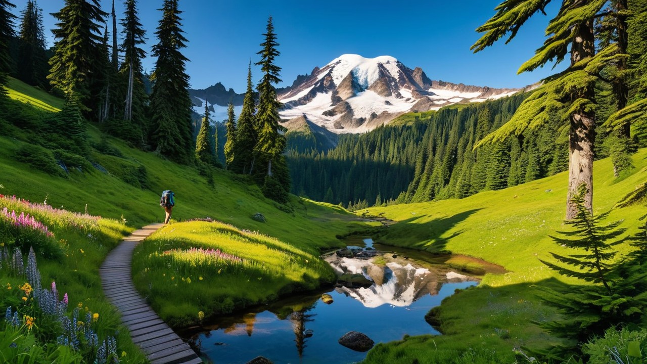 Epic Washington hiking scene featuring Mount Rainier, North Cascades peaks, alpine lake, and forest trails representing the best hikes in Washington State.