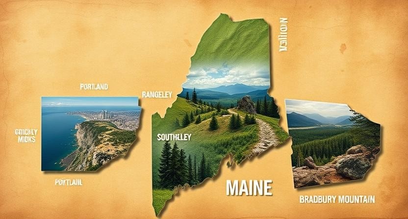 Map of Maine divided by hiking regions with miniature scenes of Acadia coast, Portland trails, Rangeley ridges, and Southern Maine overlooks