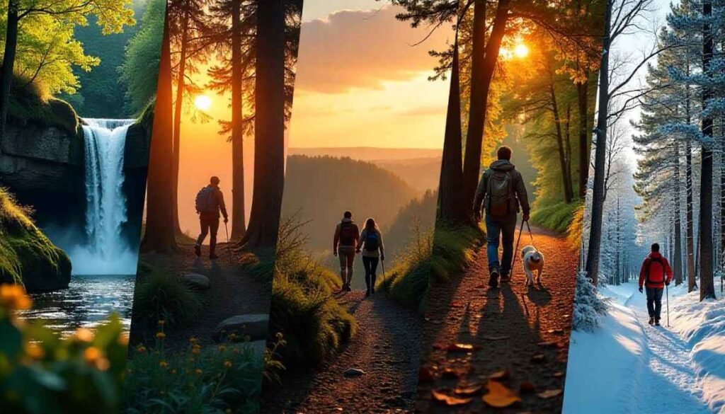 Composite depicting Indiana’s top hiking experiences: Clifty Falls day hike, Devil’s Backbone adventure ridge, Eagle Creek family walk, Ohio River dog‑friendly sunset trail, and Pokagon winter hike