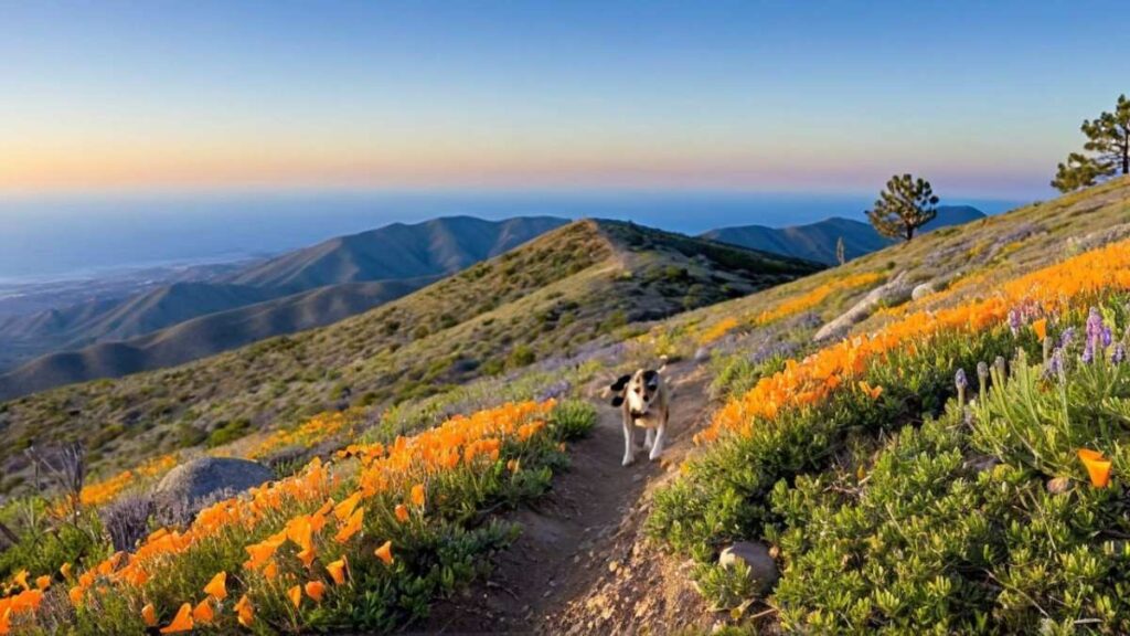 Golden spring meadow on Black Mountain summit, dotted with purple lupine and California poppies, single-track trail winding toward a rocky high point, distant ocean glimmer, dog running alongside its owner under bright morning light.