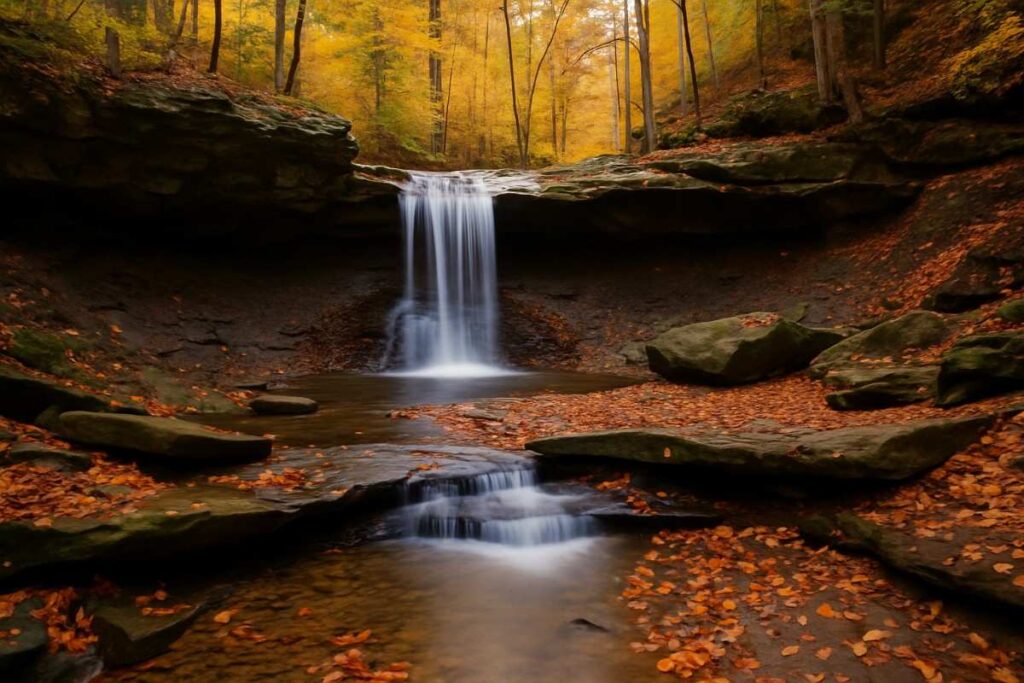 Hiking in Ohio at Blue Hen Falls with lush green forest and turquoise pool