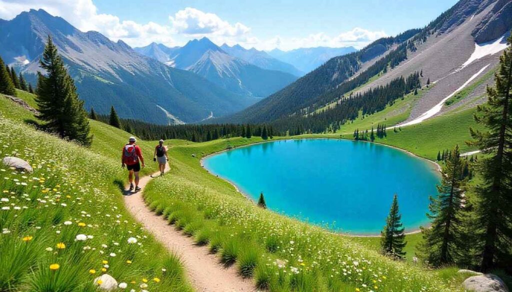 Scenic Blue Lakes Trail with vibrant alpine lakes and wildflower meadows in the San Juan Mountains, Colorado.