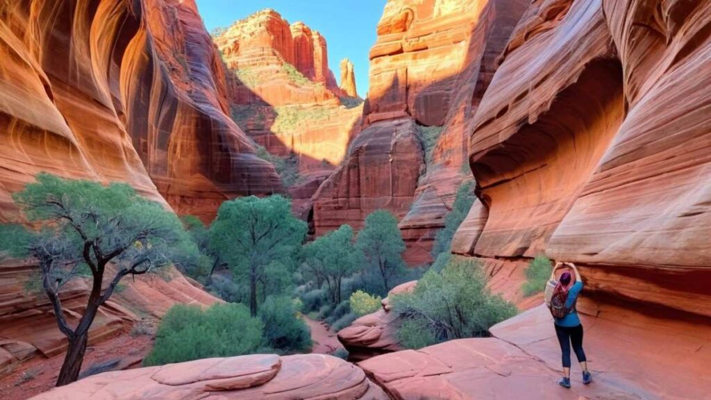 Boynton Canyon in Sedona with rich red rock formations, warm golden light, and a curving trail through the canyon.
