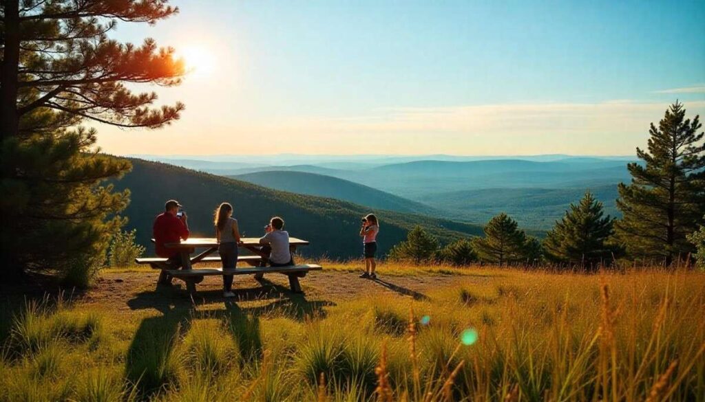 Families enjoying summit views of rolling hardwood forests from Bradbury Mountain State Park in southern Maine