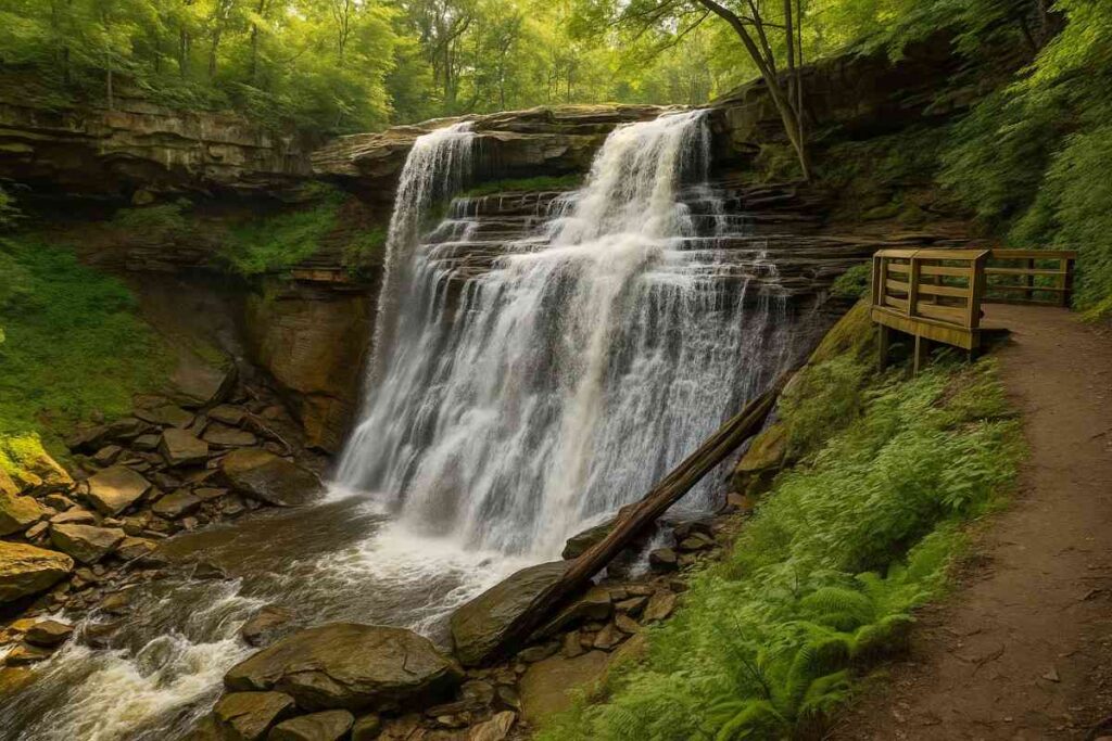 Hiking in Ohio at Brandywine Falls gorge in Cuyahoga Valley National Park with fall foliage