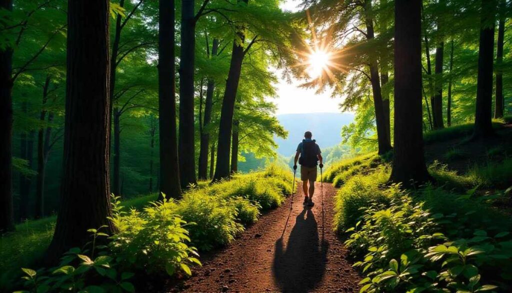 Hiking in Ohio on the Buckeye Trail section in Wayne National Forest with dense forest canopy