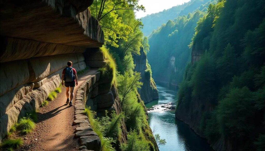 Hiking in Arkansas on Buffalo River Goat Trail along steep limestone bluff