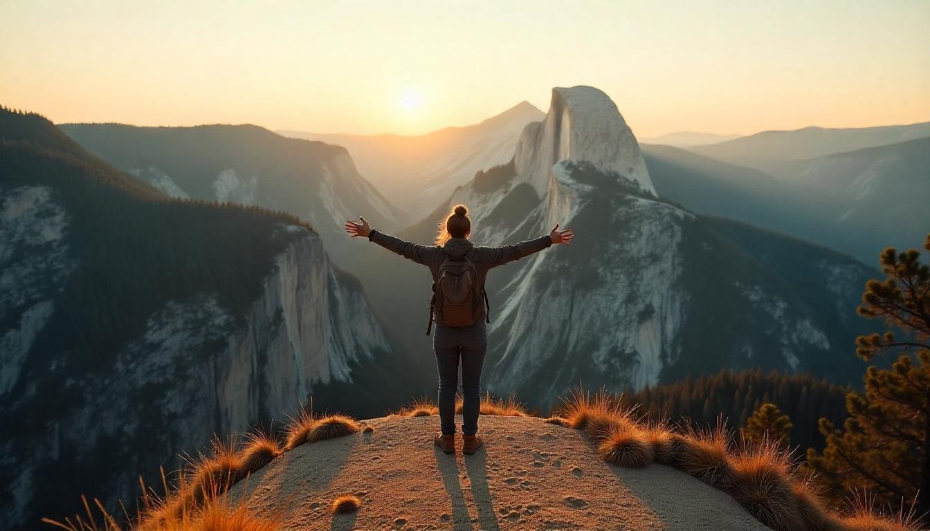 Scenic panoramic view showcasing best hikes in California, Yosemite’s Half Dome during golden hour with a lone hiker.