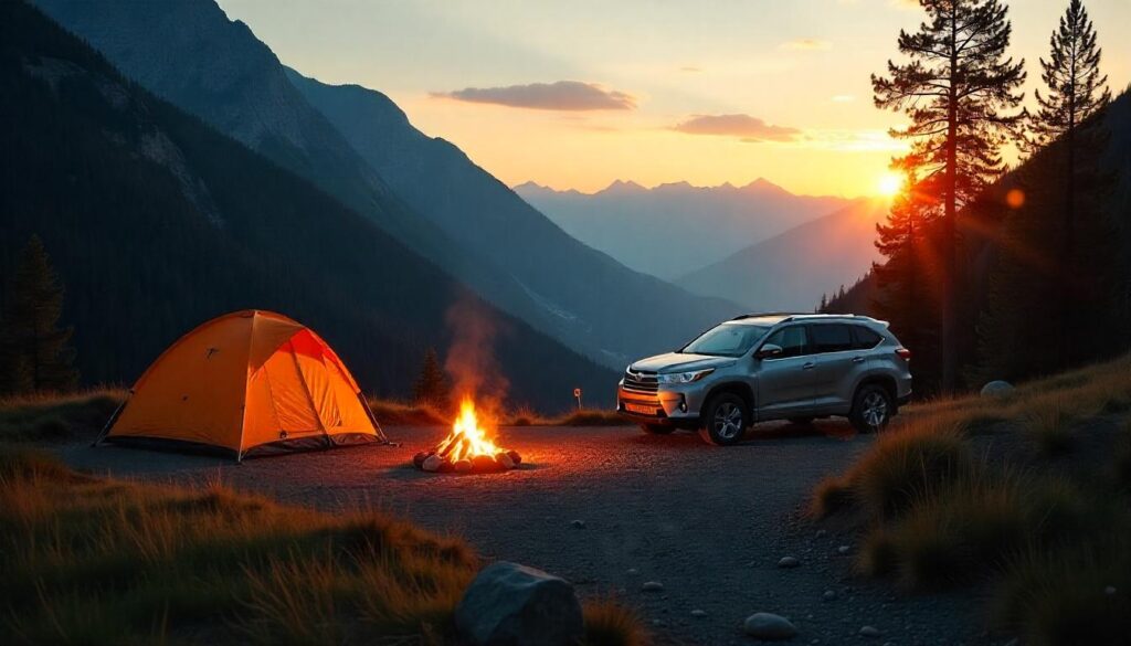 Campground beside a hiking trail with tents and mountains in the background.